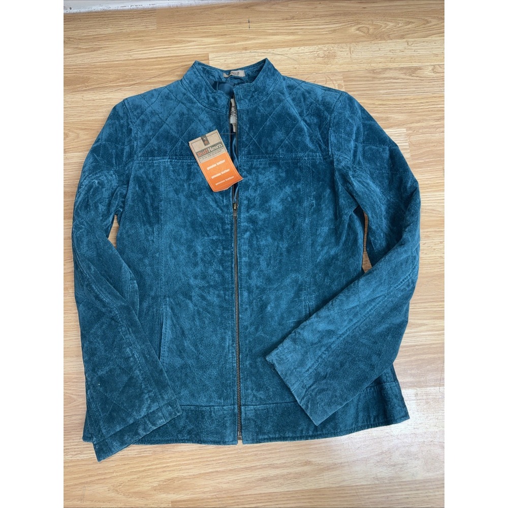 Ruff Hewn Genuine Leather Zip Collared Jacket Teal Women's Size Medium NWT